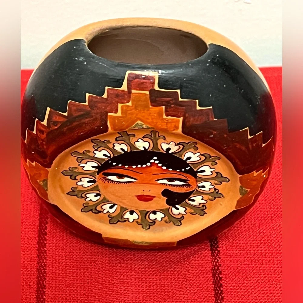 Small Hand Painted Ceramic Oval Vase Woman's Face Signed Nahid Karimi 4.5 in